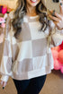 Checkered Waffle Knit Drop Shoulder Banded Hem Long Sleeve Top